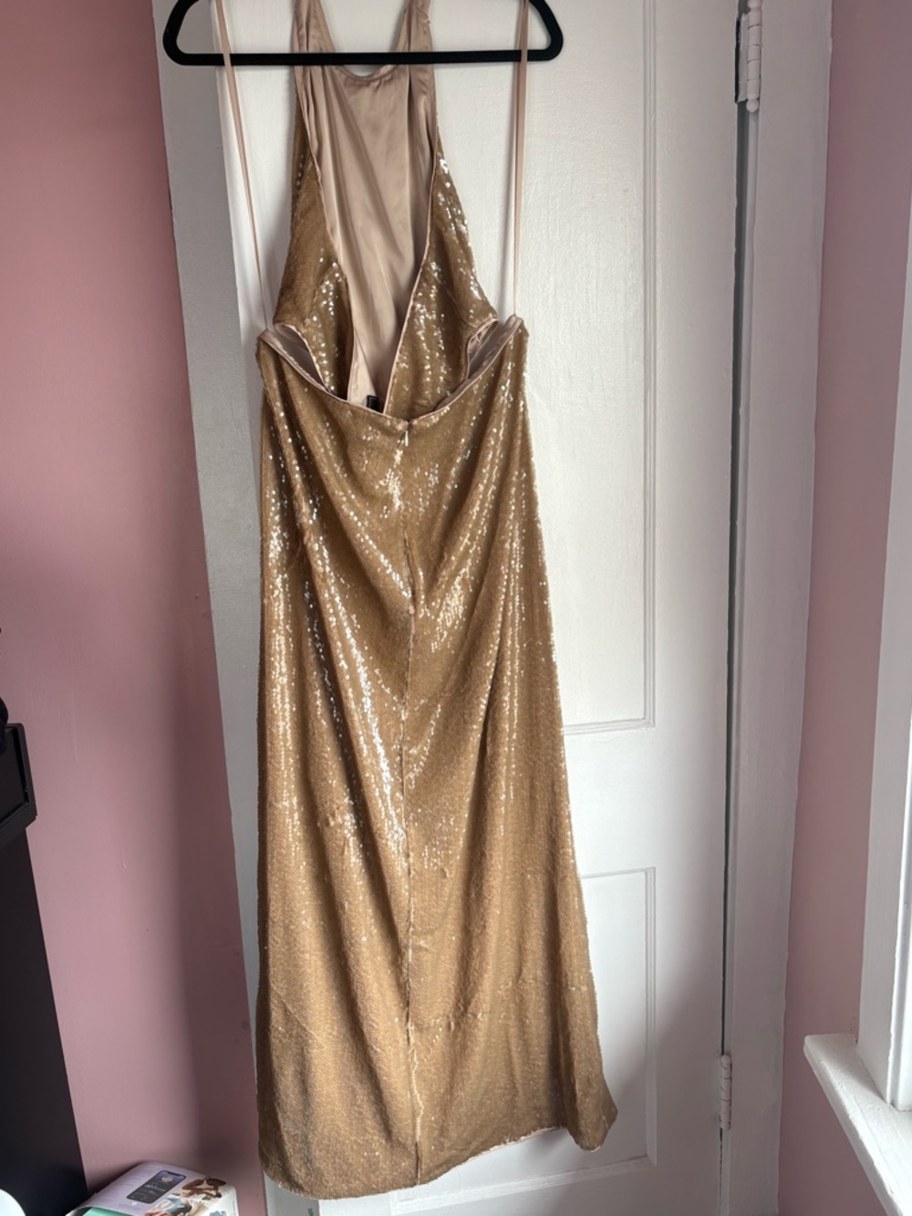 BCBGMAXAZRIA Sequin Cutout Halter Gown Gold Size 14 - Picture 5 of 8